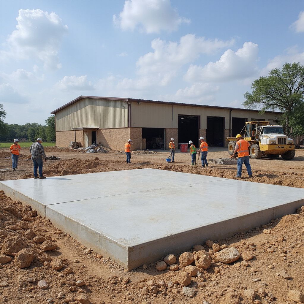 Construction workers near a concrete slab, with a building and a bulldozer in the background.
