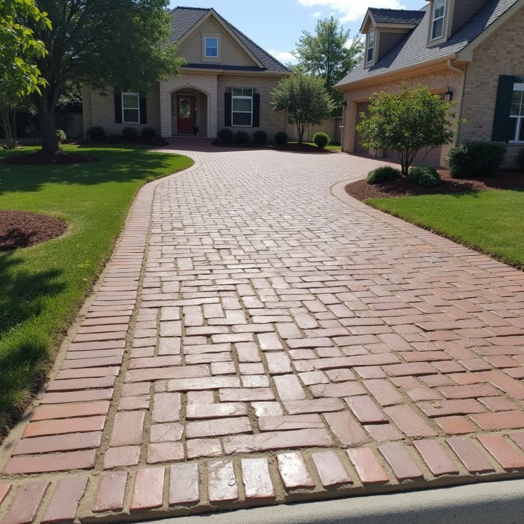 Brick driveway leading to a tan brick house with green lawn and trees under a blue sky.