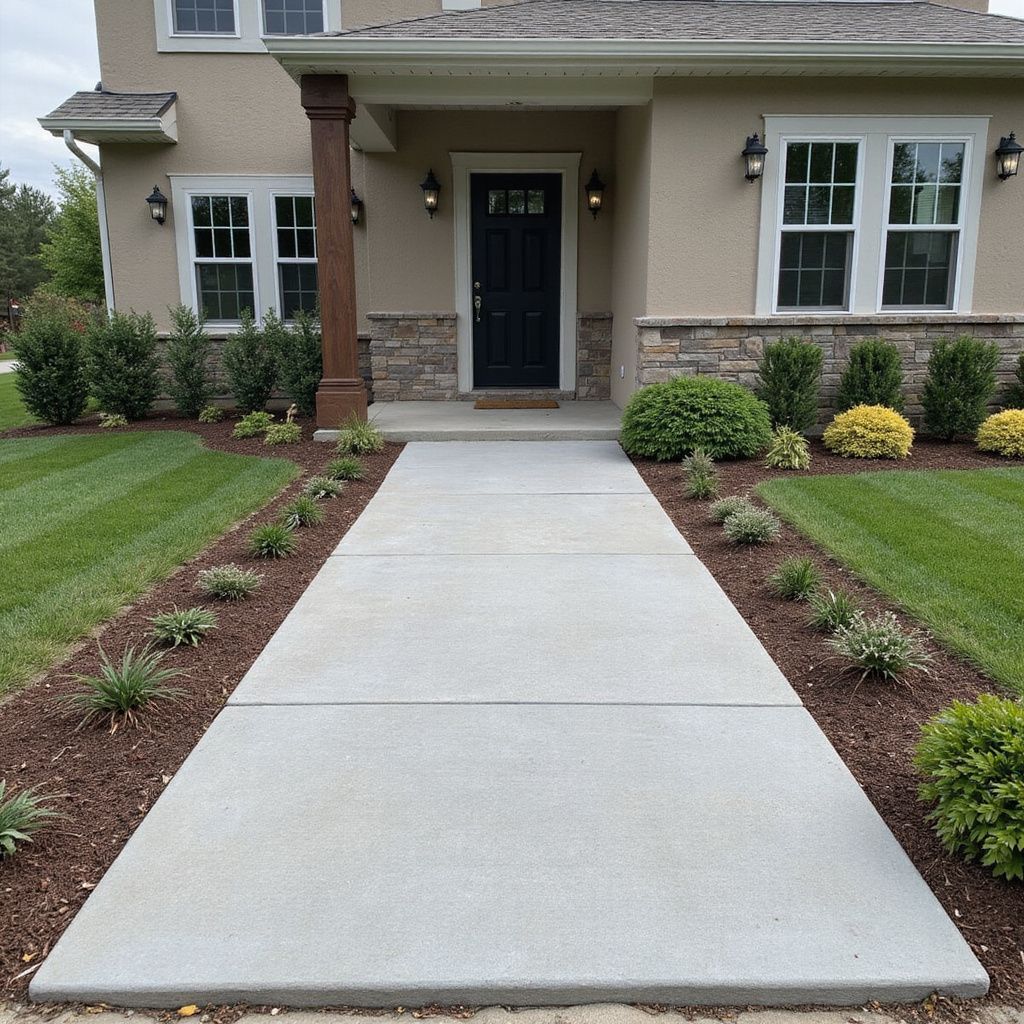 Concrete walkway leads to a house with a dark door, flanked by landscaping and neatly cut grass.