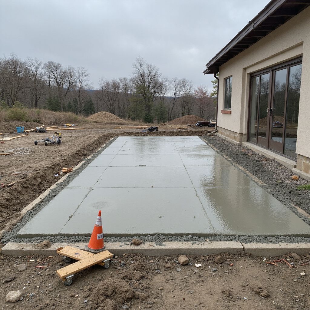 Freshly poured concrete patio next to a house under construction.