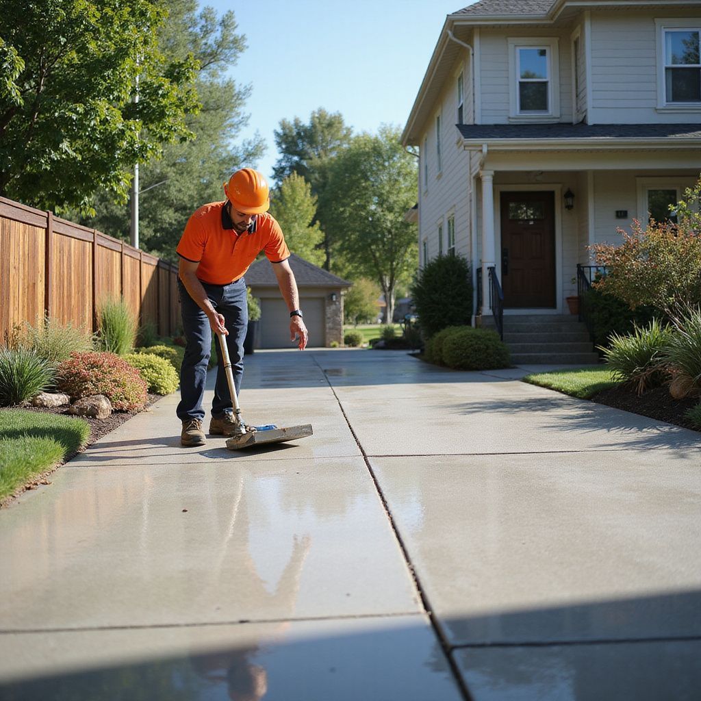 Man in orange shirt and hard hat cleaning a shiny concrete driveway in front of a house.