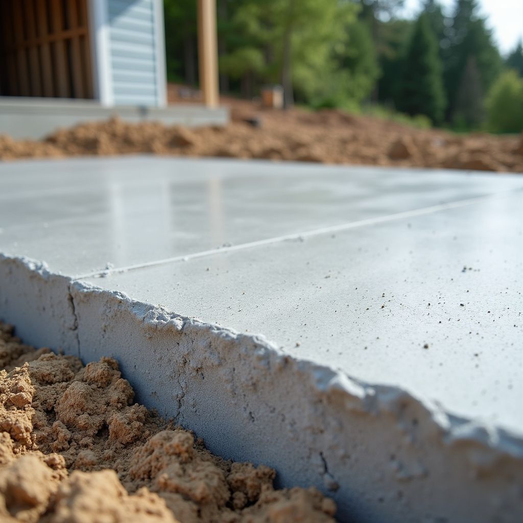 Freshly poured concrete slab with rough edge, on top of dirt. Building construction site.