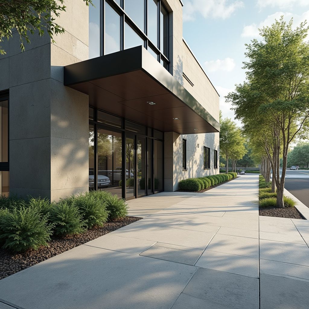 Modern building entrance with large windows, covered walkway, sidewalk, greenery. Sunny day.