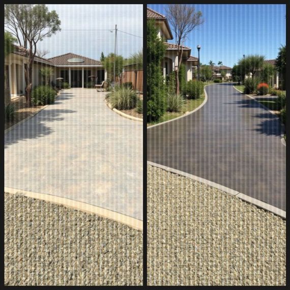 Side-by-side comparison of a driveway before (gray) and after (dark brown) a coating application. Gravel border visible.