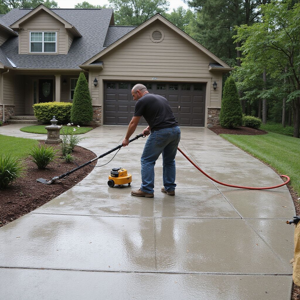 Man power washing a concrete driveway in front of a tan house with a dark garage door.