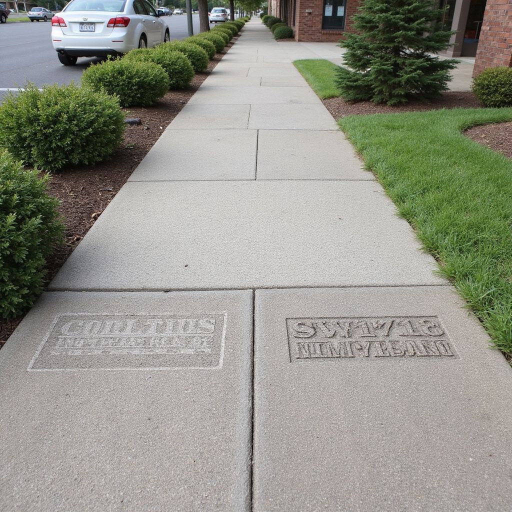 Sidewalk with inset company names: Collins and Swartz, along a street with cars and shrubs.