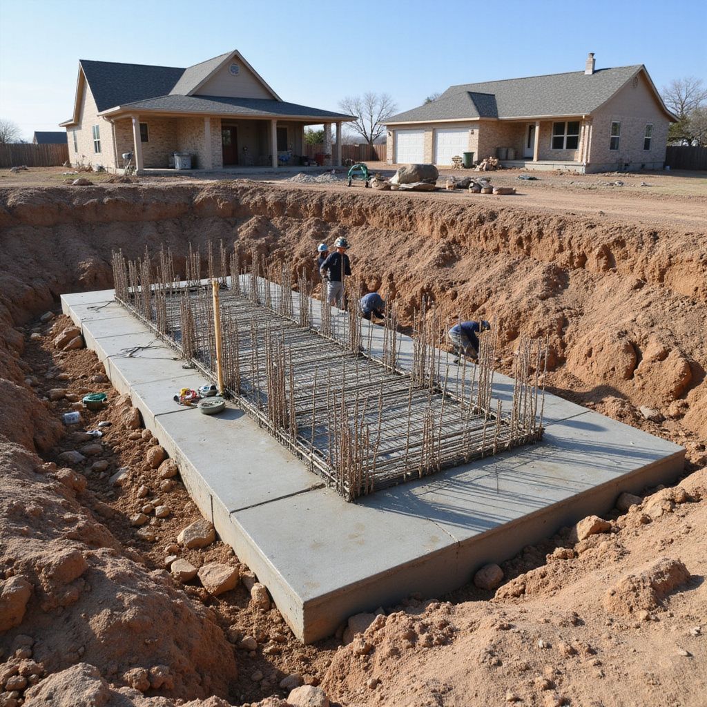 Construction of a concrete foundation with rebar framework; workers in trench near houses under construction.