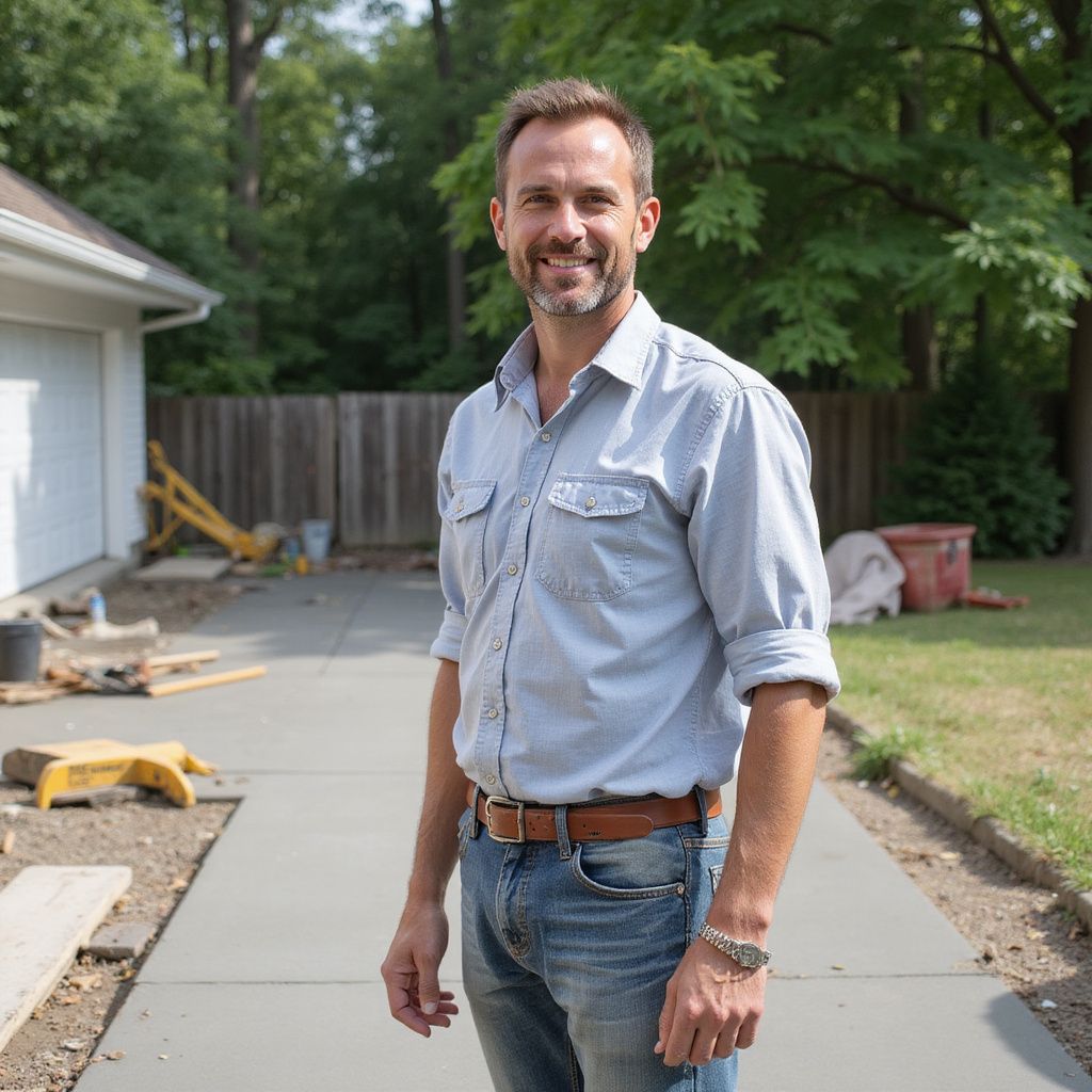 Man stands on a new concrete driveway, smiling. He wears jeans and a button-up shirt; construction in background.