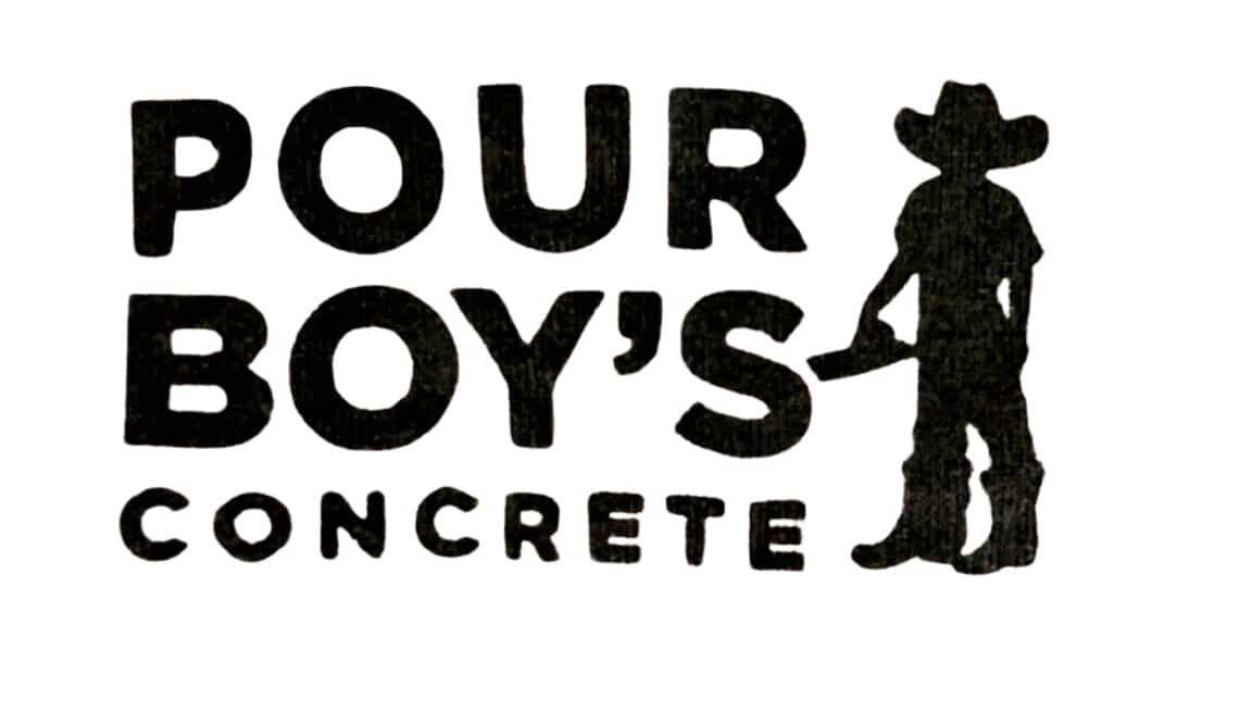 Logo for Pour Boy's Concrete, featuring text and a cowboy silhouette holding a trowel.