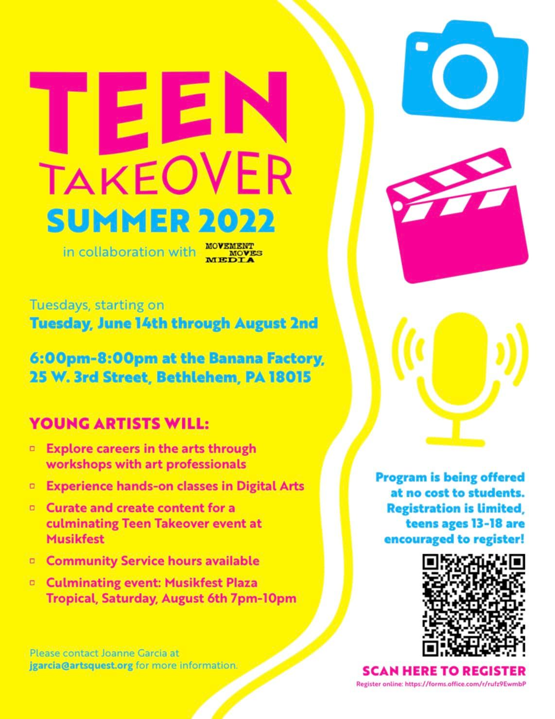 A yellow poster for teen takeover summer 2022