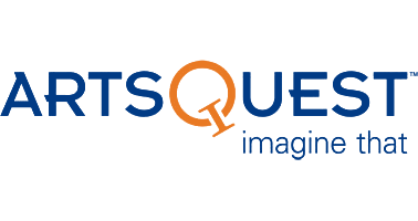 The artsquest logo is blue and orange and says `` imagine that ''.