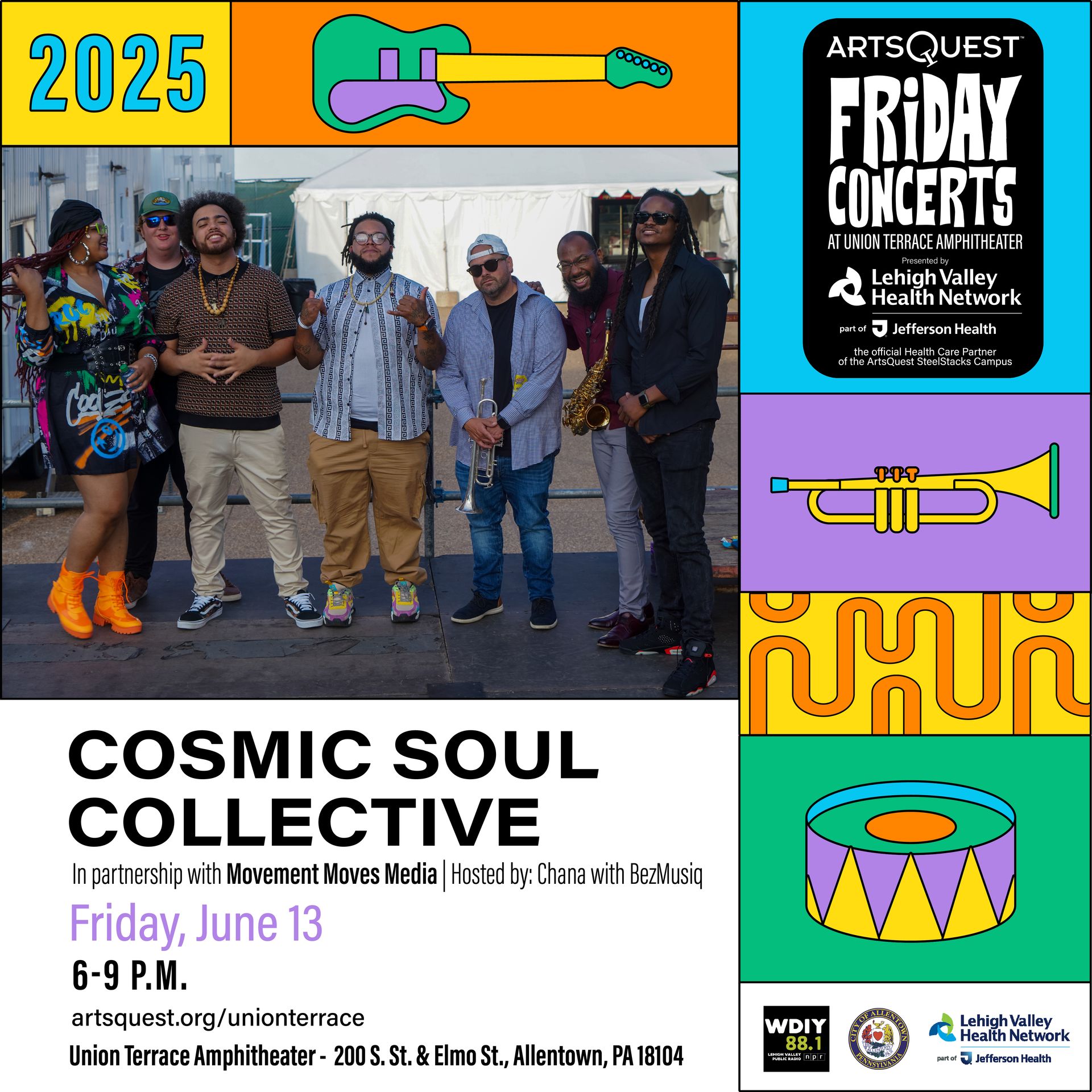 Concert poster: Cosmic Soul Collective performing at ArtsQuest Friday Concerts, June 13, 6-9 PM.