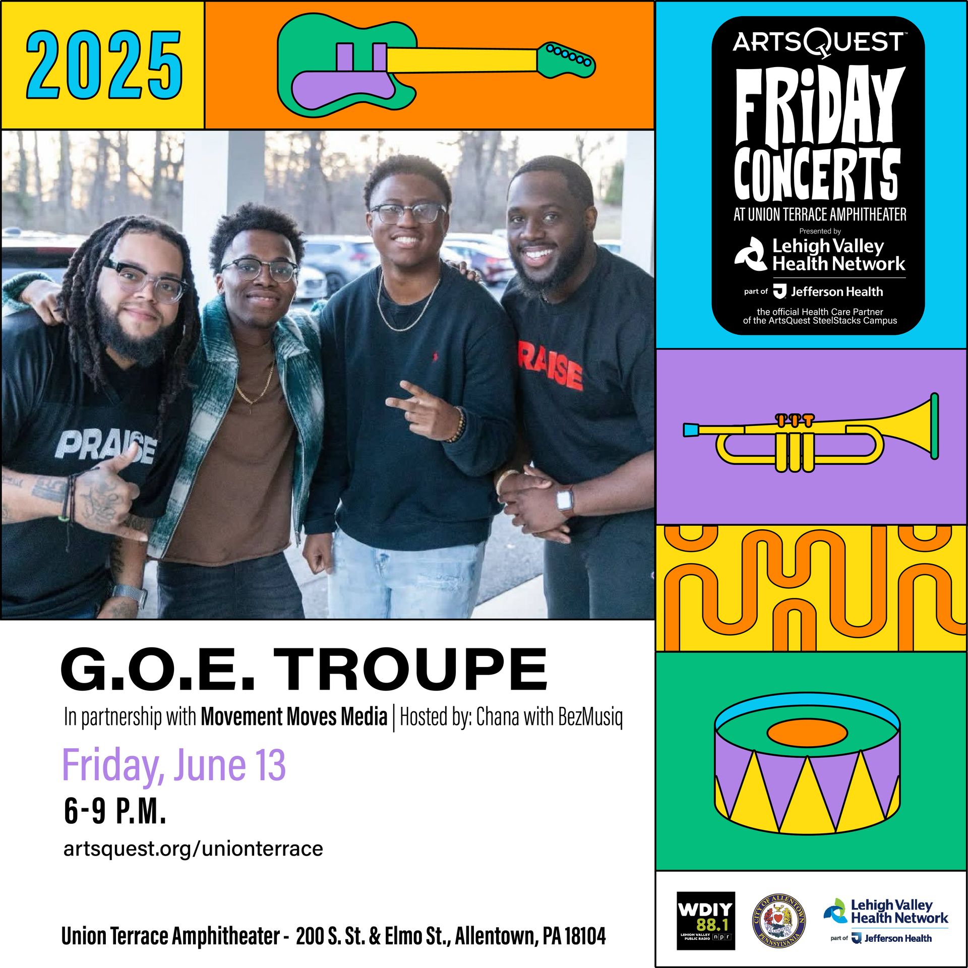 Poster for ArtsQuest Friday Concerts featuring G.O.E. Troupe, June 13, 6-9 PM, at Union Terrace Amphitheater. Colorful design.