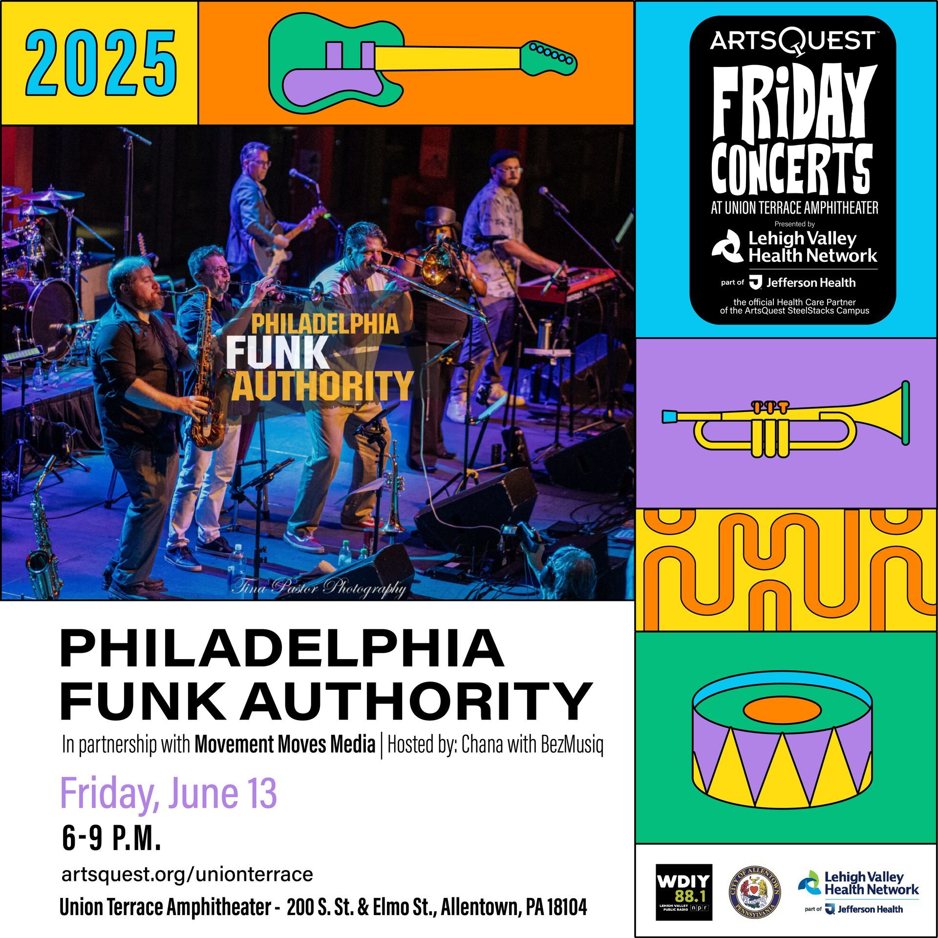 Poster for Philadelphia Funk Authority concert, June 13, 2025, at Union Terrace Amphitheater. Colorful design with band photo.