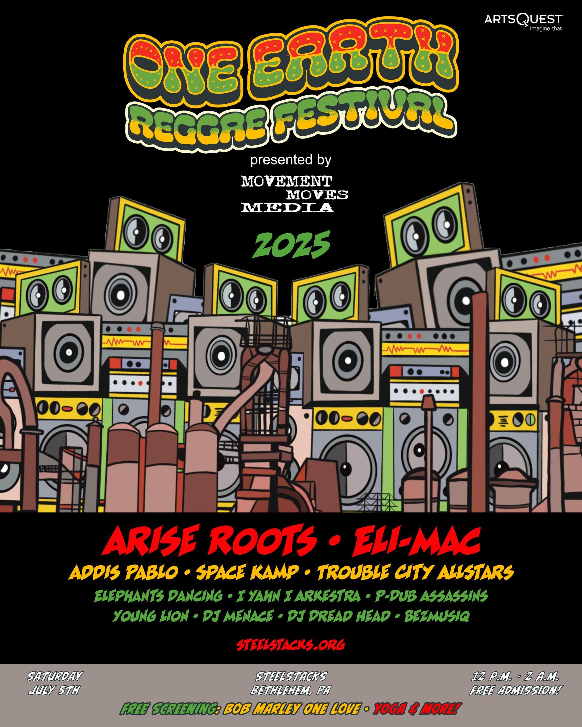 Poster for One Earth Reggae Festival. Features stacked speakers, concert equipment, and band names.