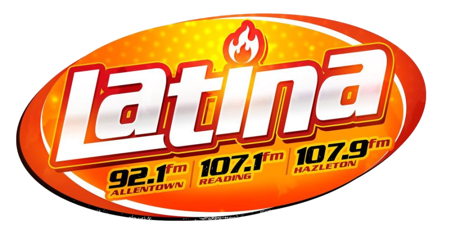 A logo for latina fm with a flame on it