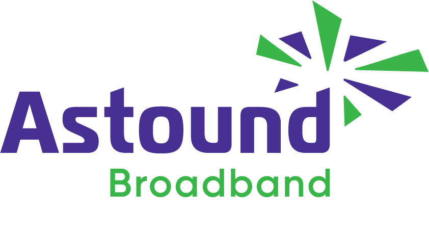 A logo for astound broadband with a green and purple star.