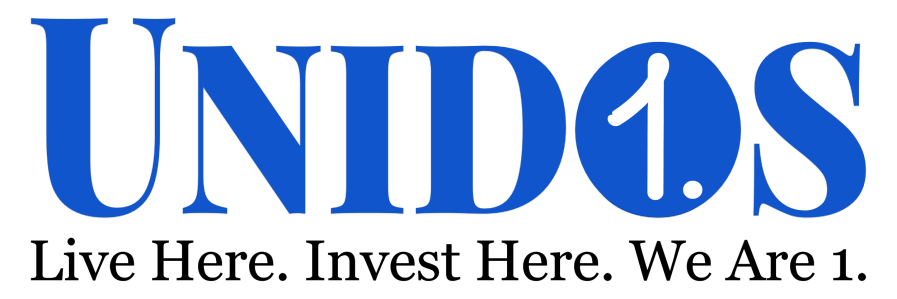 The logo for unidos says live here invest here we are 1