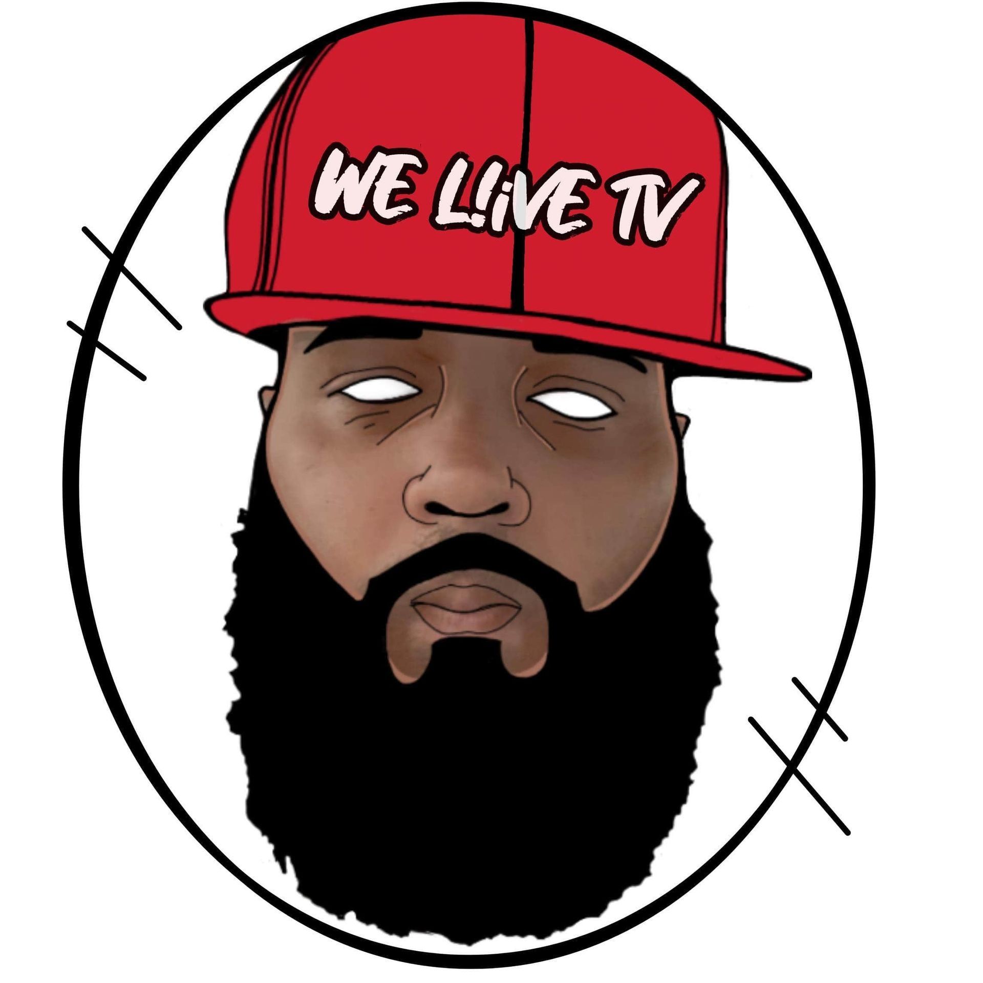A man with a beard wearing a red hat that says we live tv