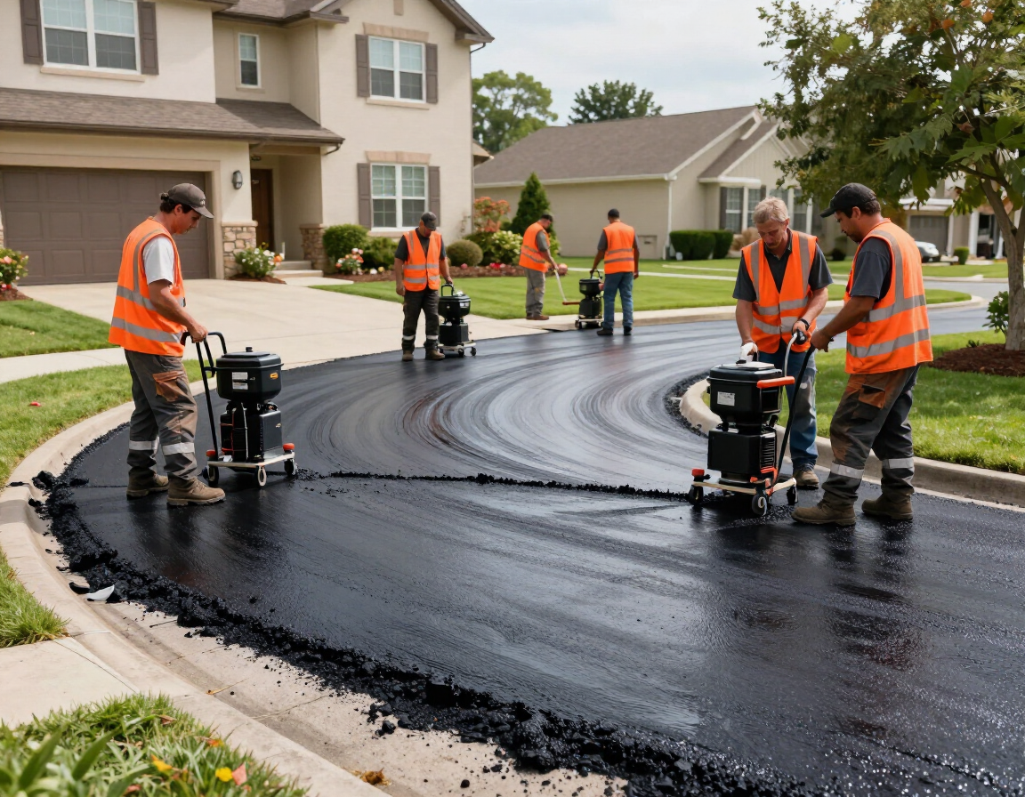 Workers in orange vests smoothing fresh black asphalt on a suburban street