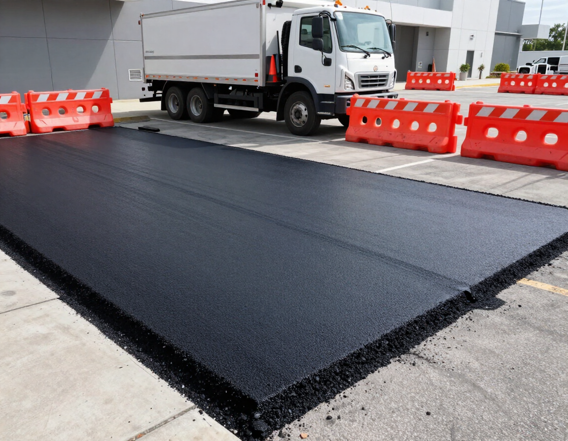 Fresh black asphalt paving on a street beside orange barriers and a parked white truck