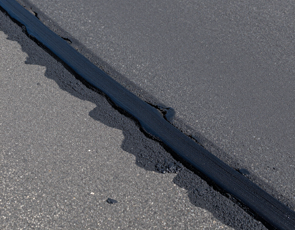 Close-up of a cracked asphalt surface with a long dark seam or fissure running diagonally