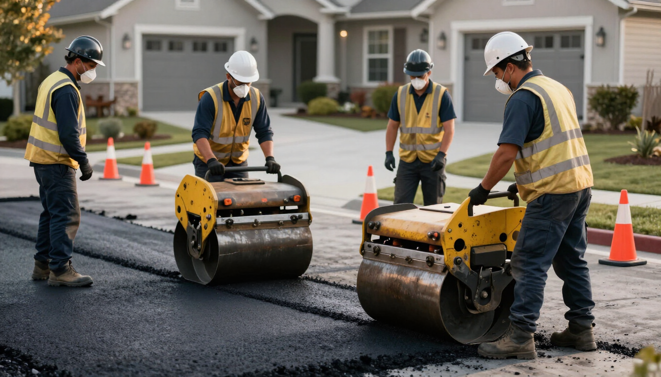 Road crew paving a residential street with rollers and orange cones