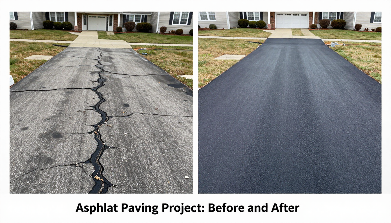 Before-and-after of a cracked asphalt driveway repaired to a smooth black surface.