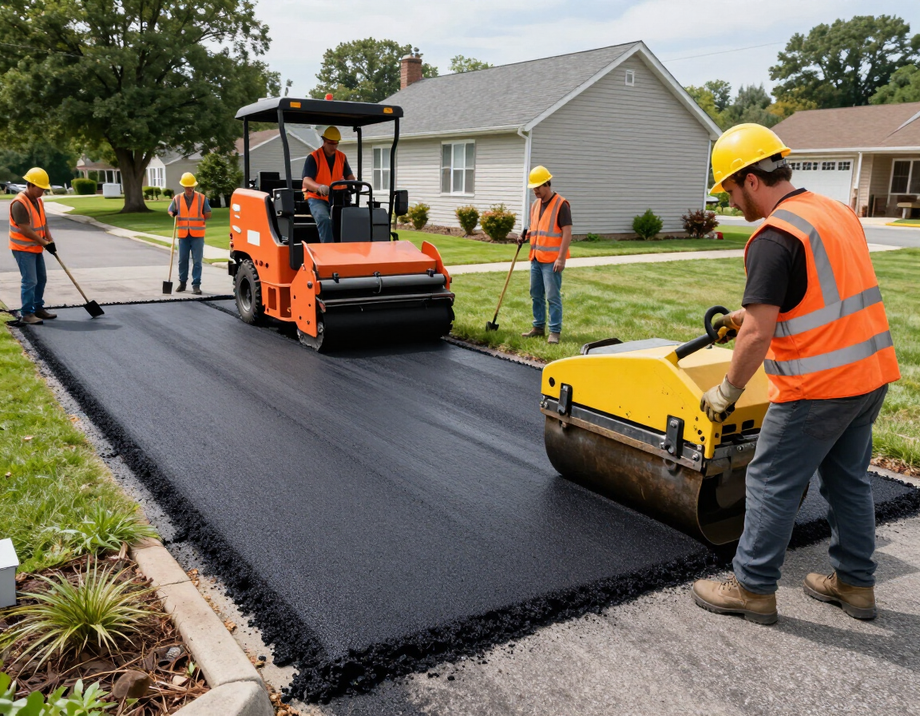 Asphalt paving crew installing a driveway