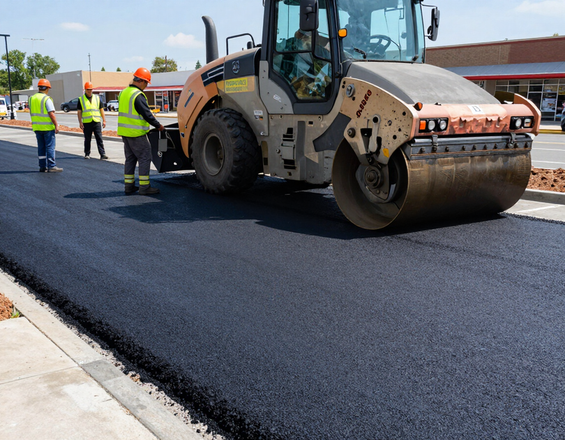 Commercial paving crew resurfacing a parking lot
