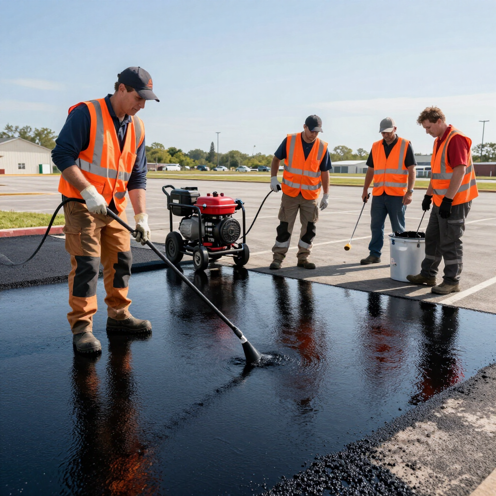 Workers in orange vests smoothing fresh black asphalt on a road with a power trowel