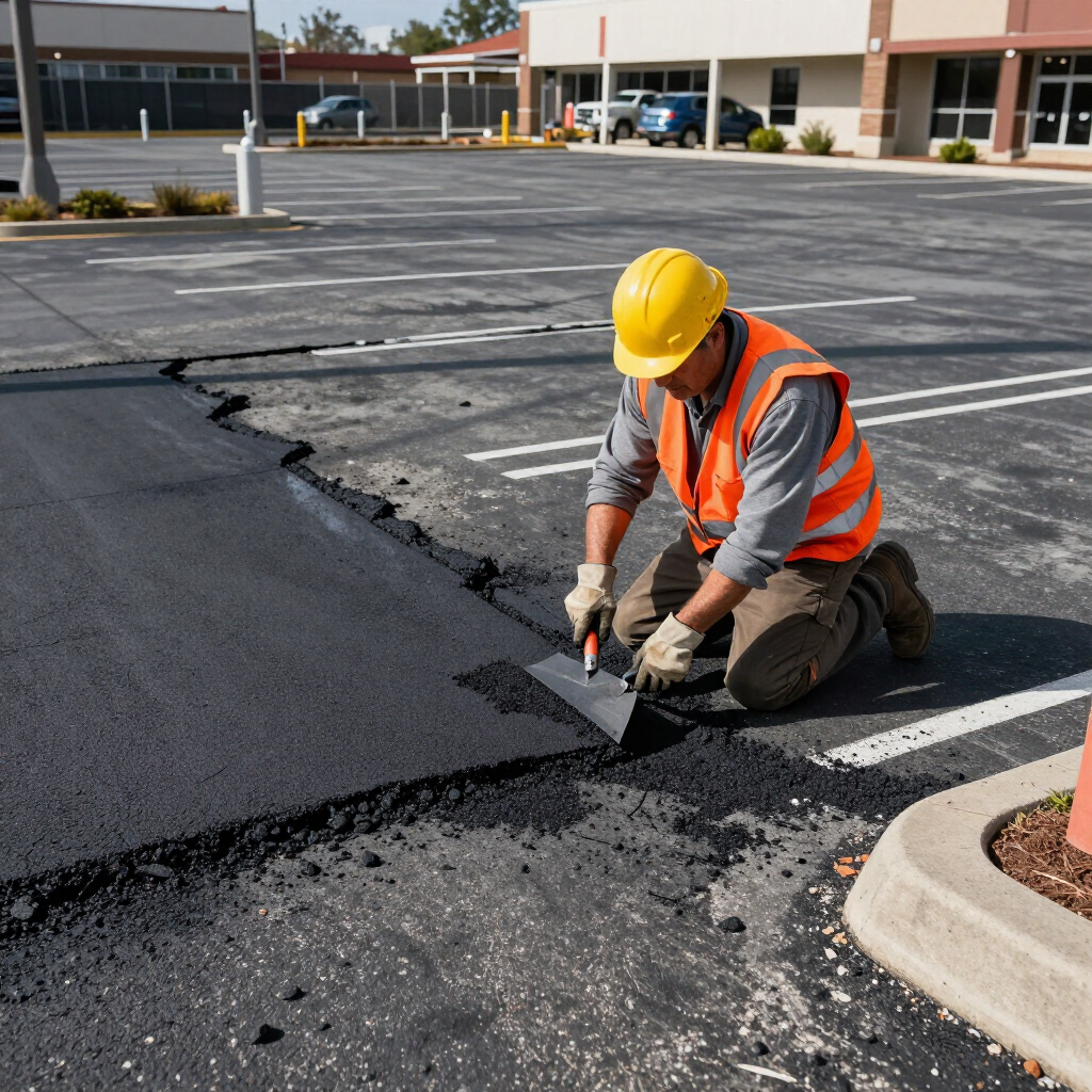 Worker in hard hat and orange vest repairing cracked asphalt in a parking lot.