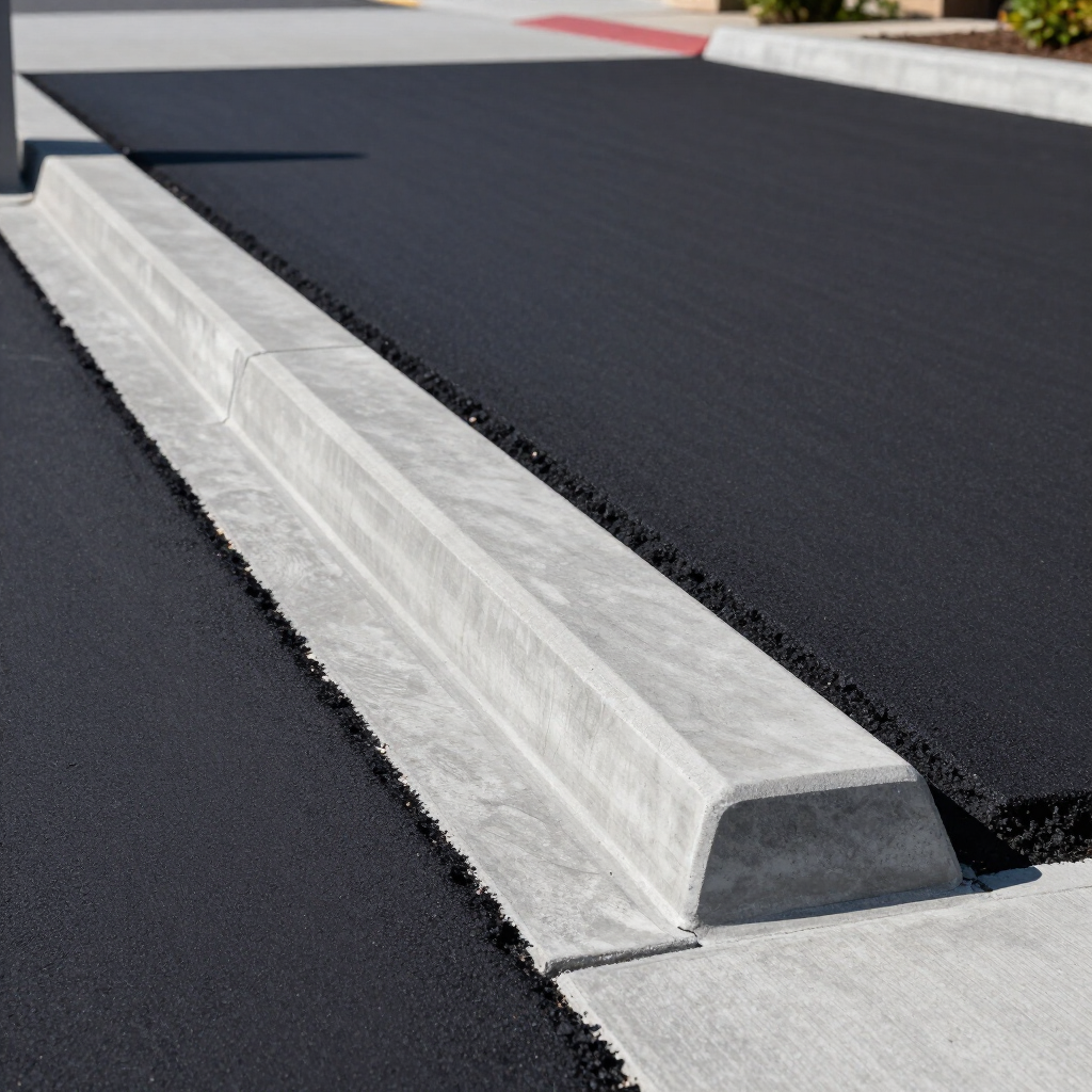 Concrete parking curb on dark asphalt with a red painted line in the background