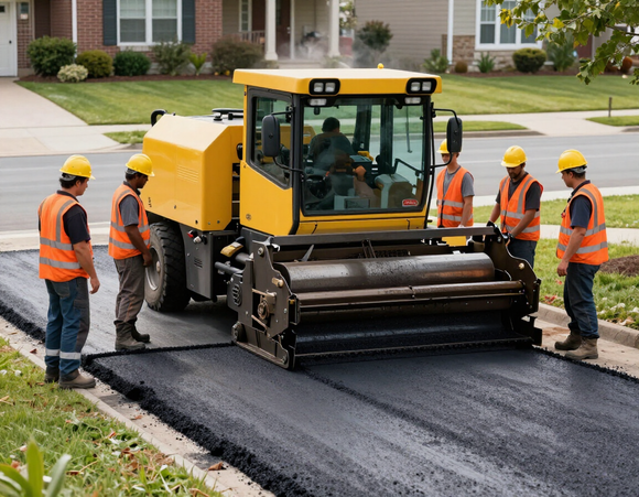 Asphalt paving machine laying hot mix on a driveway