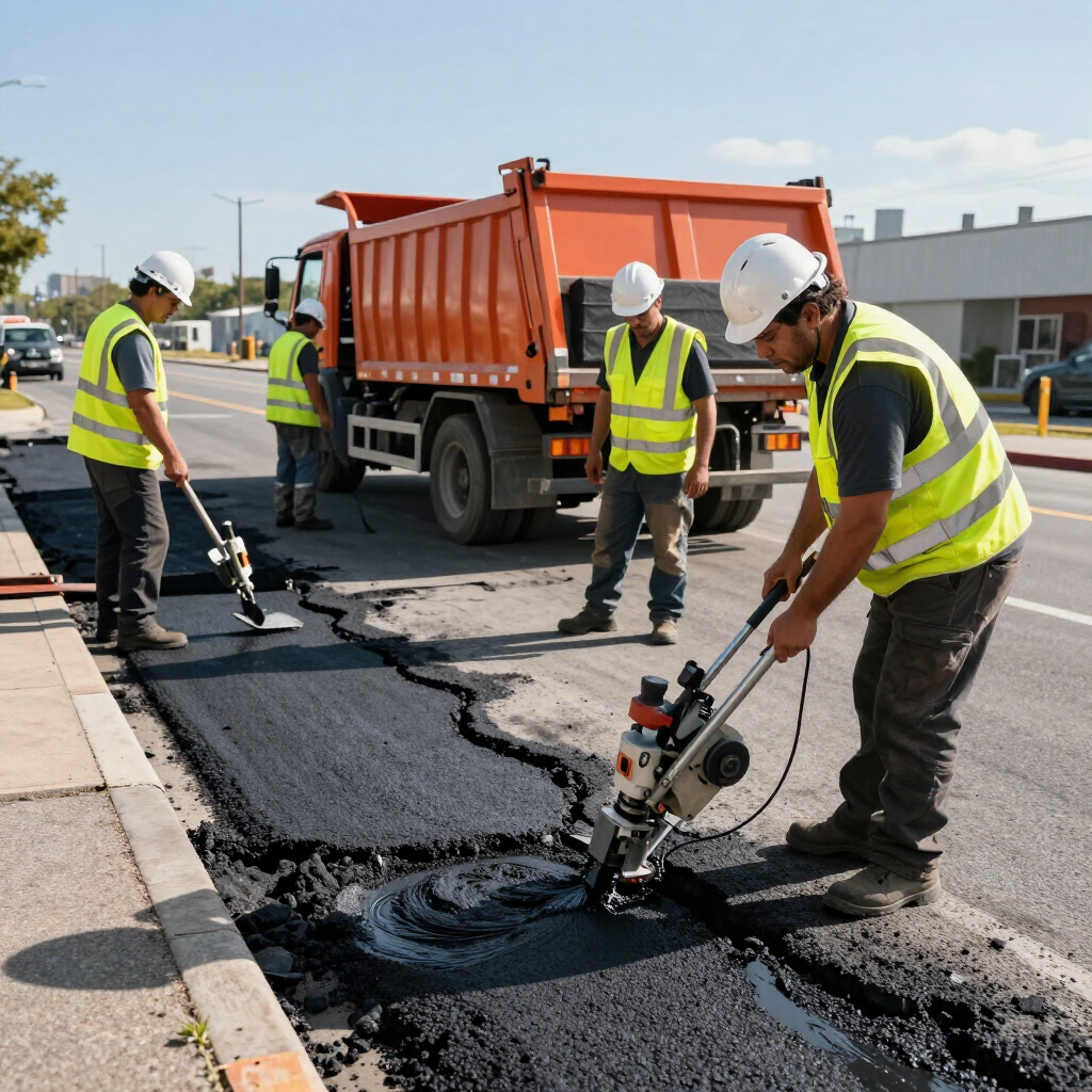 Road workers in safety vests patching asphalt beside an orange dump truck on a sunny street