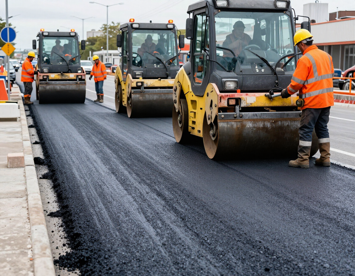 Road crew paving a street with asphalt using three yellow rollers and orange-clad workers