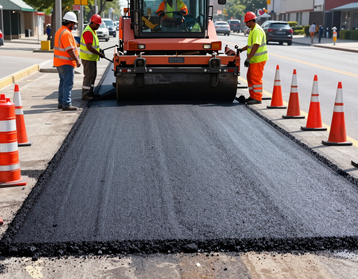 Road crew paving fresh black asphalt beside orange cones on a street