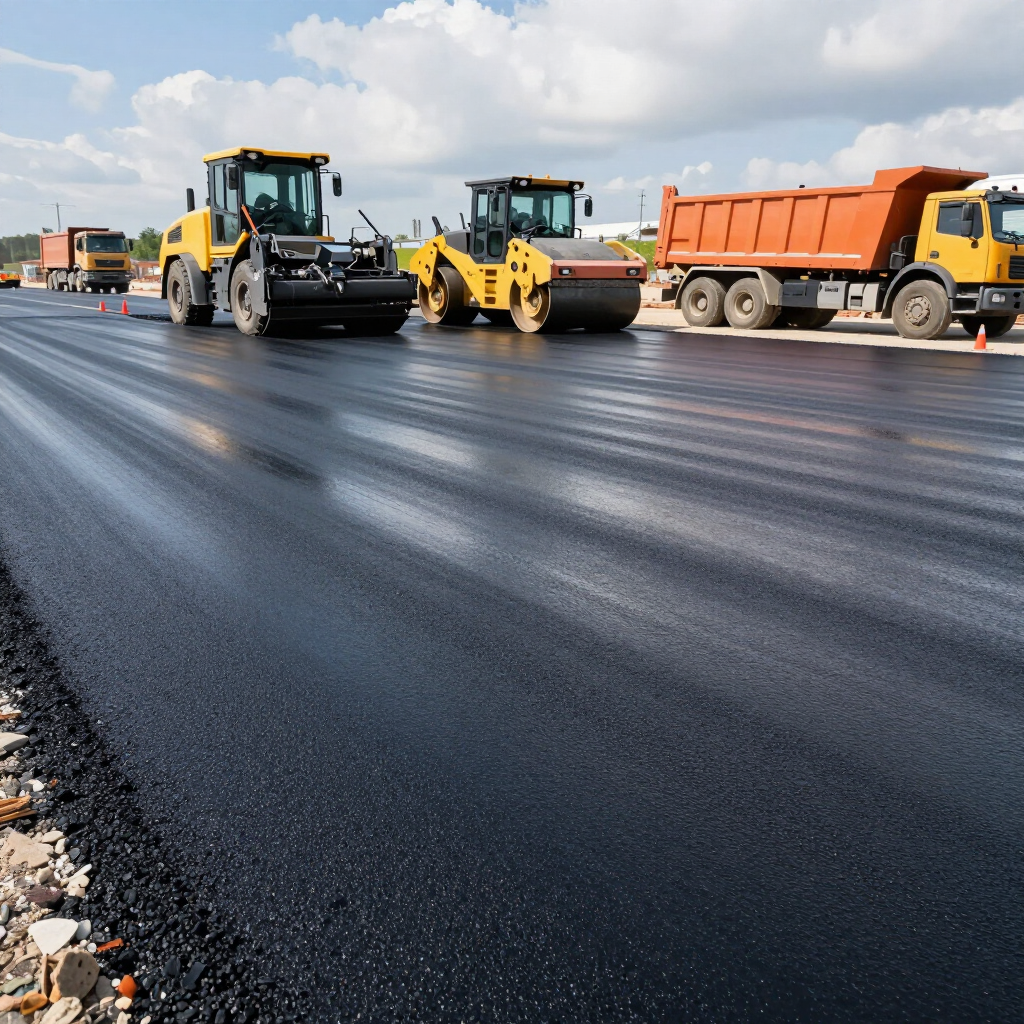 Road paving crew with yellow rollers and orange dump truck on freshly laid black asphalt roadway