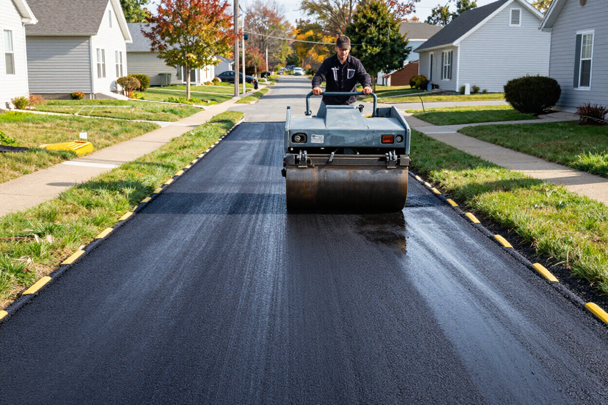 Road paving machine resurfacing a suburban street under construction, with houses on both sides.