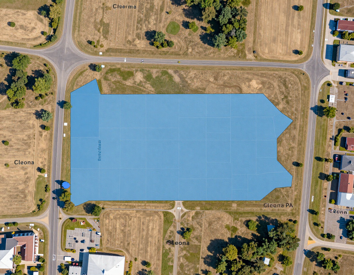 Aerial view of a large blue-roofed building site surrounded by dry grass and roads.
