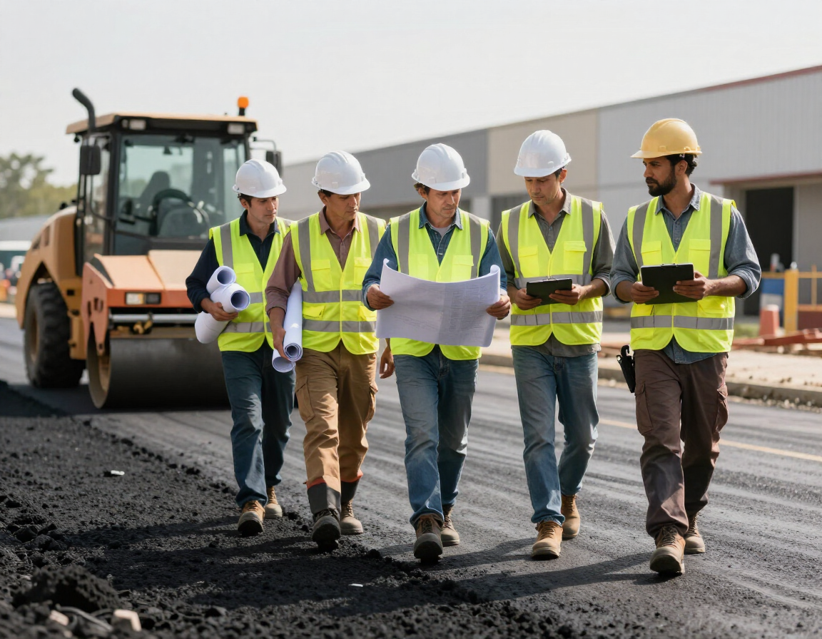 Road construction crew in hard hats and reflective vests reviewing plans beside a paving machine