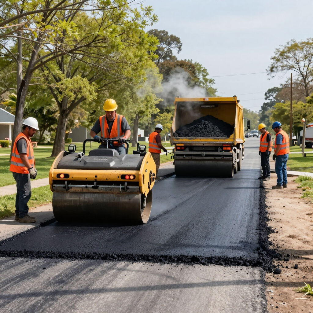 Road crew paving a street with rollers and an asphalt truck beside fresh black pavement