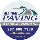 All That Paving logo with road graphic, “Residential & Commercial,” phone number, and website on blue circle