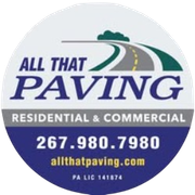 All That Paving logo with road graphic, “Residential & Commercial,” phone number, and website on blue circle
