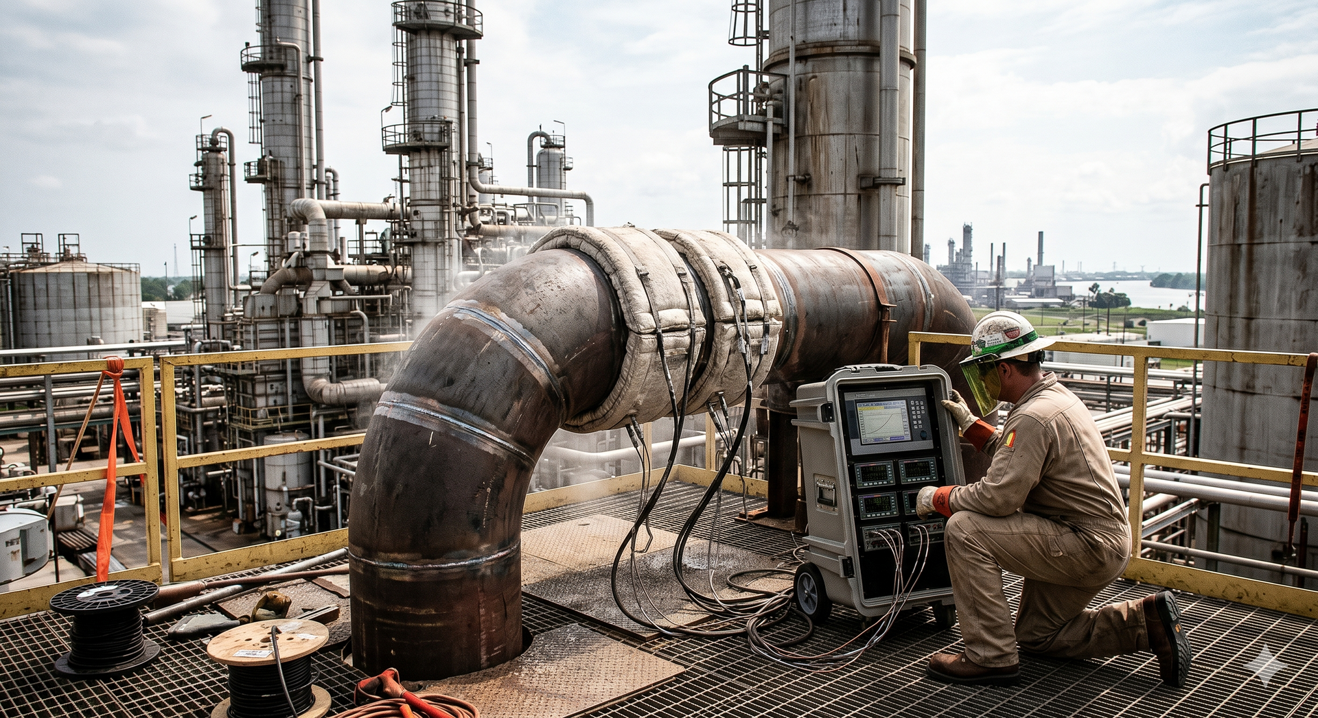 A technician examines a digital display while monitoring industrial piping in an oil refinery during a warm-toned sunset.