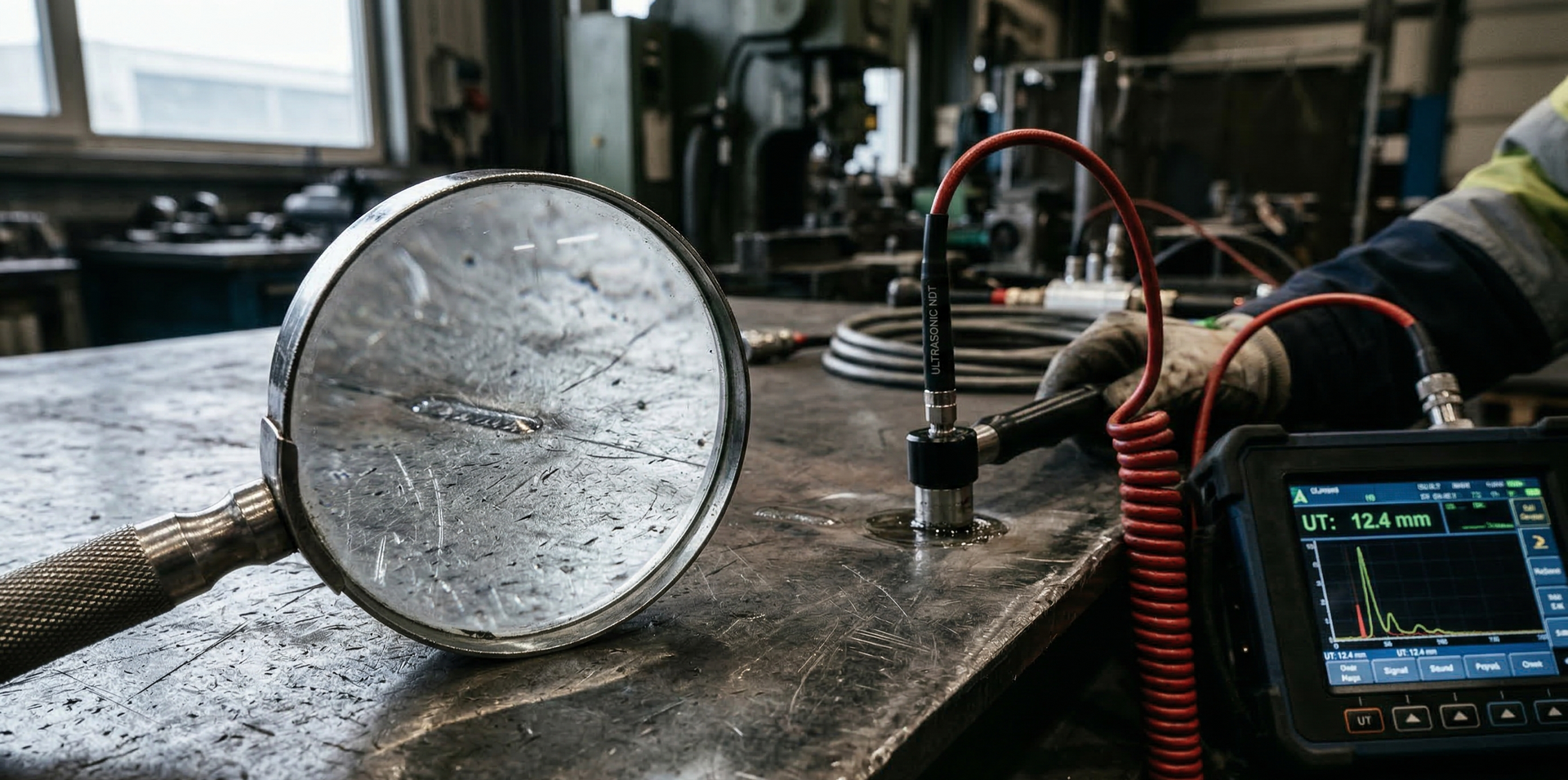 An ultrasonic thickness gauge measures a metal plate in a workshop, displaying data on a handheld screen.