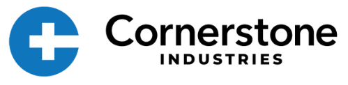 The logo for cornerstone industries is a blue circle with a white cross in the middle.