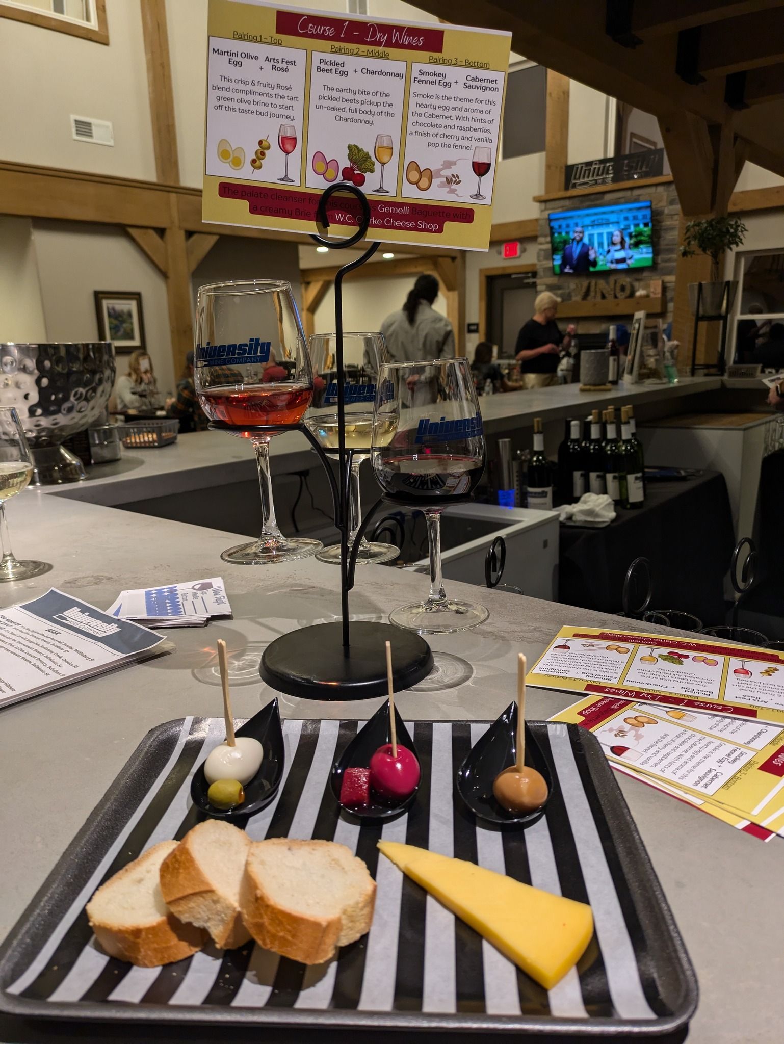 A tray of food is sitting on a table in a restaurant.