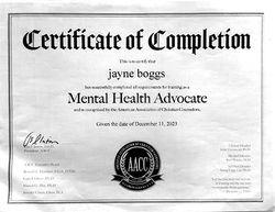 Jayne Boggs Certificate Mental Health Advocate