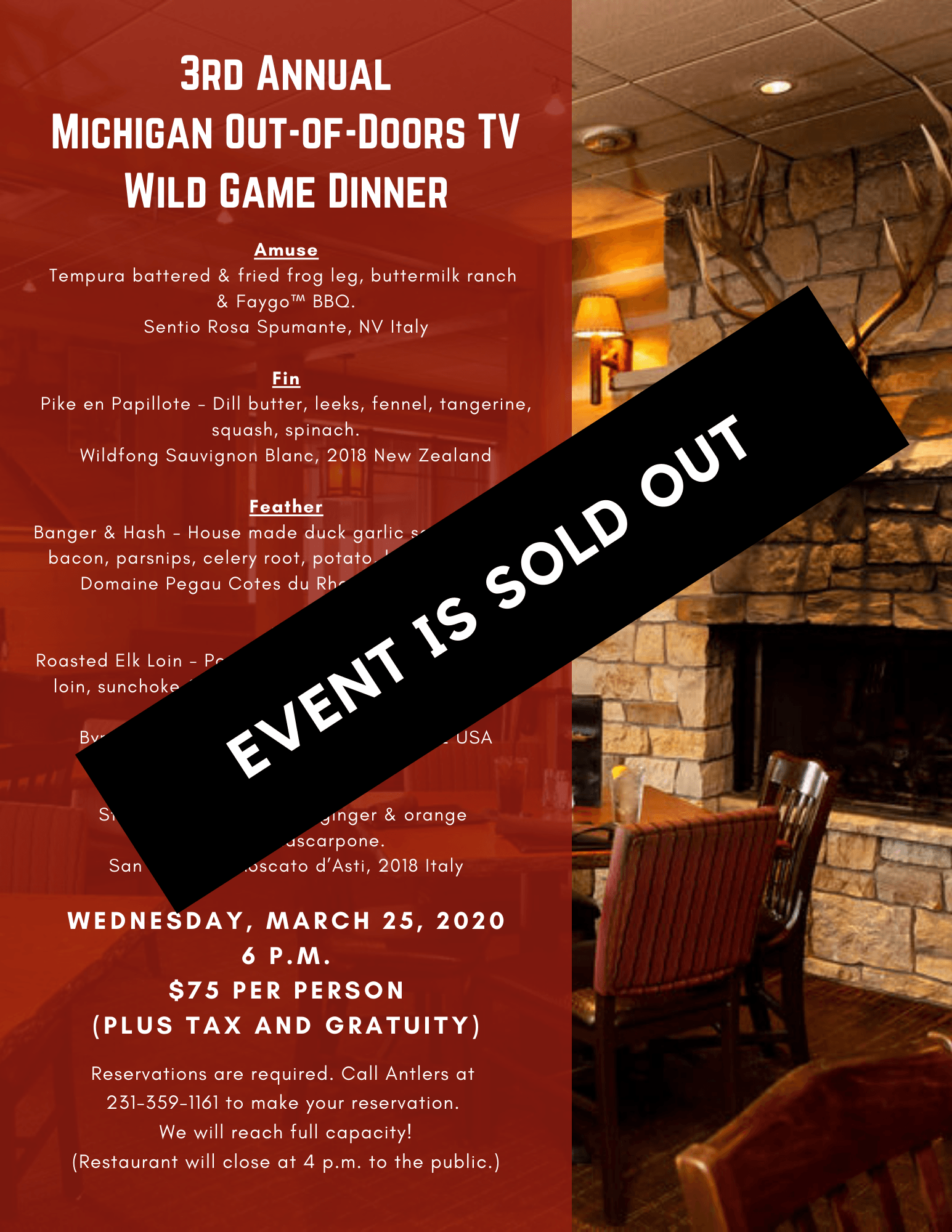 MICHIGAN OUT-OF-DOORS TV WILD GAME AND WINE DINNER event flyer